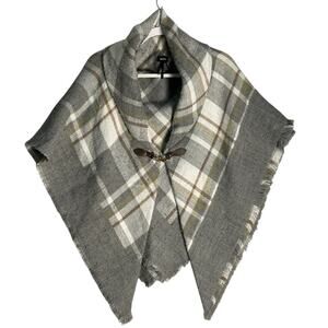 Modena‎ One Size Plaid Blanket Cape Poncho Raw Hem Shawl Collar Clasp Closure